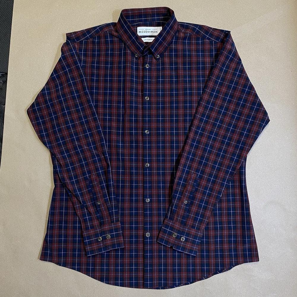 Mizzen Main Plaid Stretch Leeward Collection Shirt Large Red Spandex Mix - Picture 4 of 8
